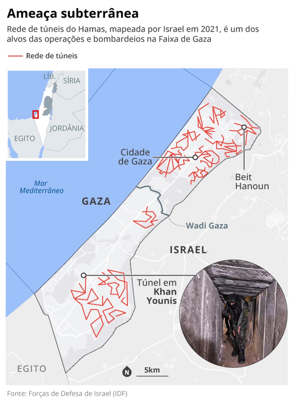 Ameaça subterrânea: túneis do Hamas são preocupação de segurança para Israel — Foto: Arte/O Globo