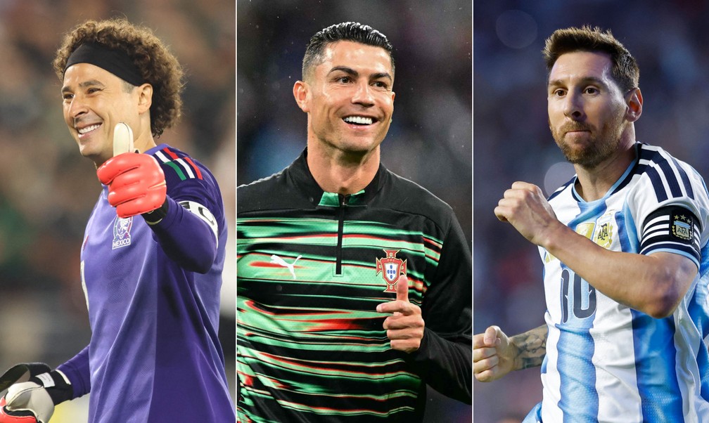 Ochoa, Cristiano e Messi se isolarão como recordistas — Foto: Luiza Moraes/Getty Images/AFP, Tobias SCHWARZ / AFP e Todd Kirkland/Getty Images/AFP