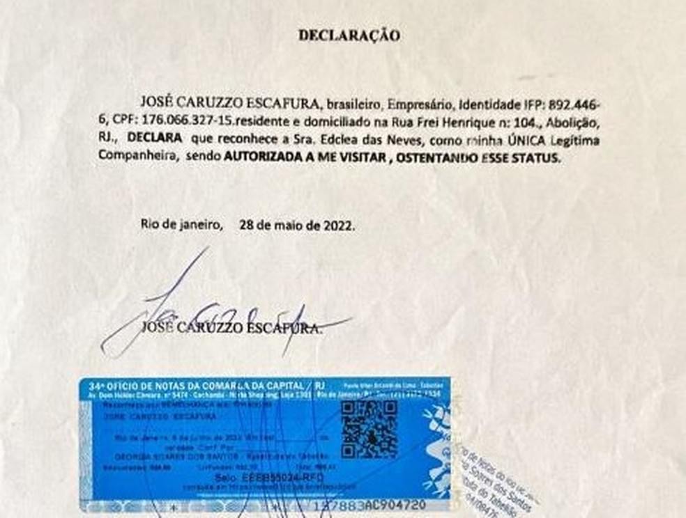 Declaração feita por Piruinha à Seap de que Edclea da Neves é a sua "única legítima companheira" — Foto: Reprodução