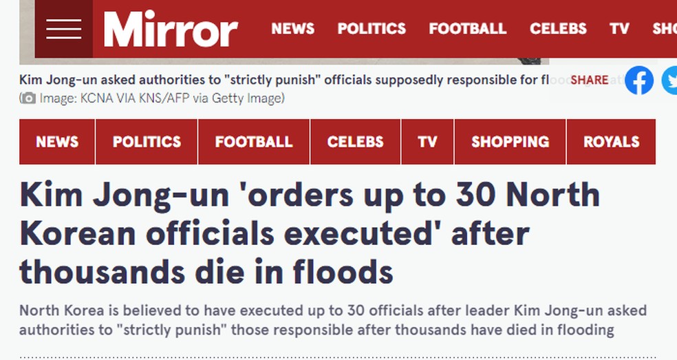 The Mirror noticia morte de 30 oficiais na Coreia do Norte — Foto: Reprodução
