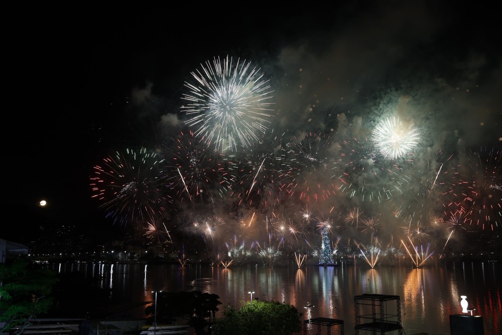 Lagoa Tree was lit shortly after 9 p.m. — Photo: Alexandre Cassiano / Agência O Globo