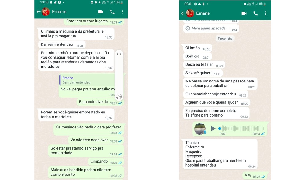 Troca de mensagens entre o vereador Ernane Aleixo (PL), de São João de Meriti e Pagodeio, em que ele oferece material e suporte para construções de barricadas, além de ter negociado vagas de nomeação em troca de apoio político — Foto: Reprodução