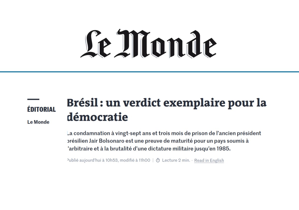 Jornal francês Le Monde diz que julgamento de Bolsonaro é ‘um veredicto exemplar para a democracia’