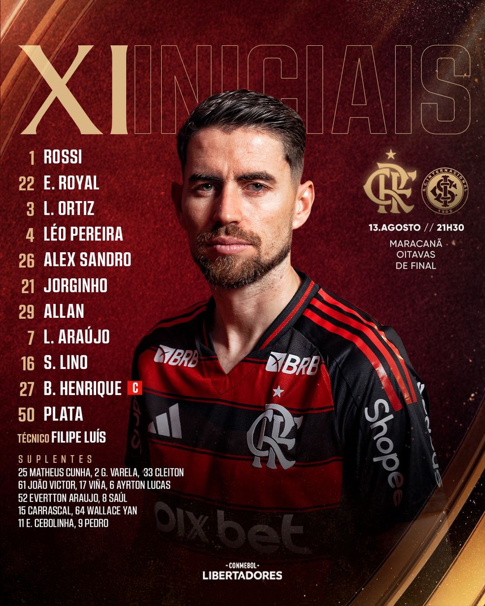 Escalação do Flamengo para enfrentar Internacional pela Libertadores — Foto: Divulgação