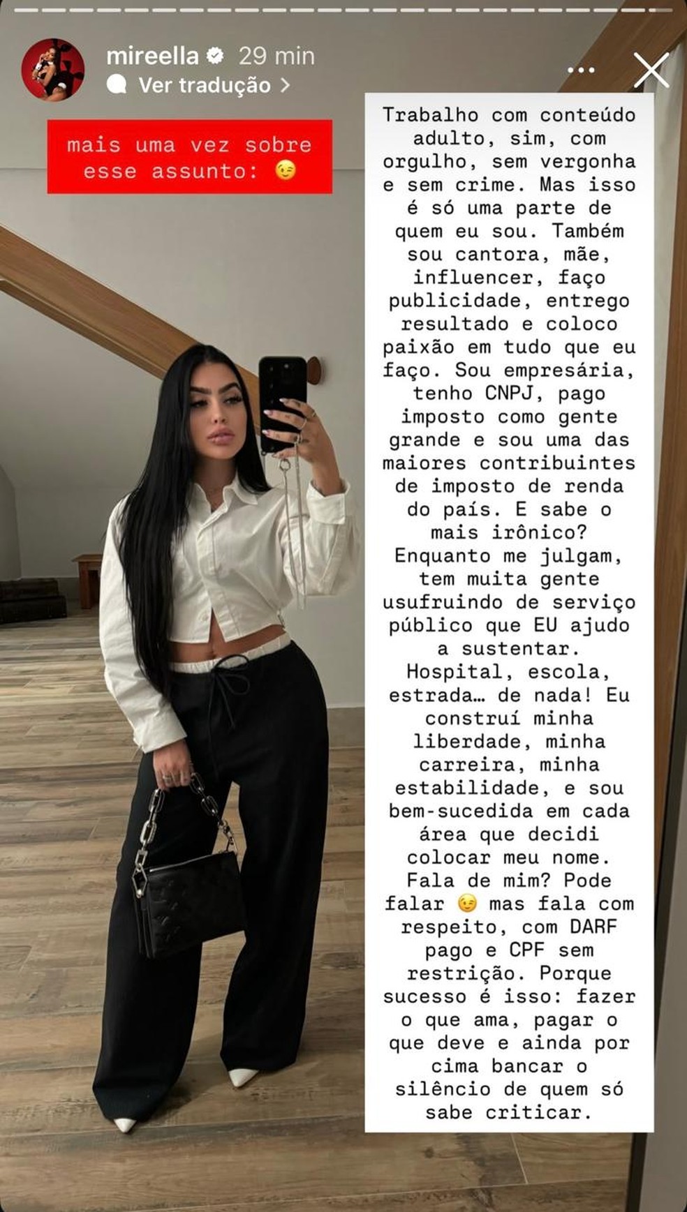 Mc Mirella faz post rebatendo críticas sobre a produção de conteúdo adulto — Foto: Reprodução/Instagram