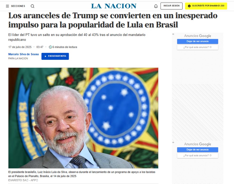 La Nacion comenta efeito de tarifaço de Trump na popularidade de Lula — Foto: Reprodução/LA NACION