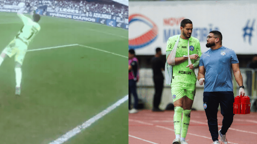 Goleiro do Bahia quebra o braço em lance impressionante