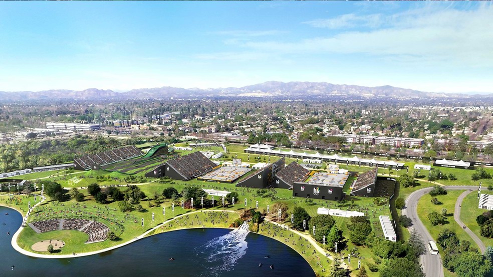 A área de recreação da Bacia de Sepúlveda, sede de quatro esportes em Los Angeles-2028 — Foto: Divulgação