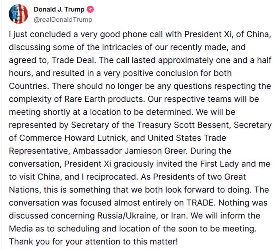 Post de Trump sobre conversa com Xi — Foto: Reprodução/Truth Social