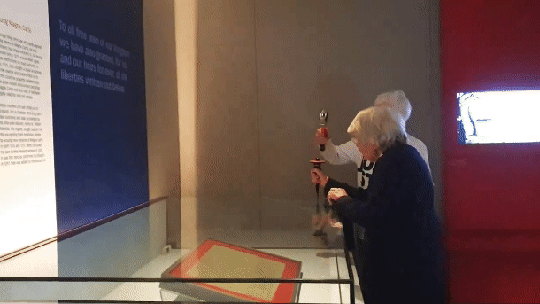 Idosas tentam quebrar caixa de vidro que protege exemplar da Carta Magna inglesa a marteladas, em Londres; vídeo