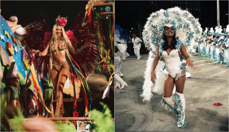 Yasmin Brunet, em sua estreia como musa da Grande Rio (2023), ao lado de foto da mãe, Luiza Brunet, como rainha de bateria da Portela em 1993 - Fotos: Reprodução