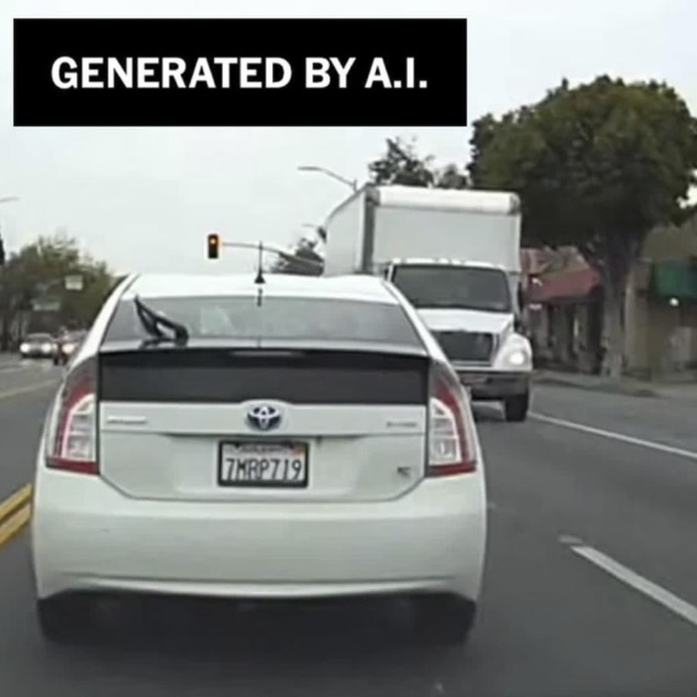 Nesta imagem, um vídeo falso de uma câmera veicular de um Toyota Prius sendo atingido por um caminhão grande — Foto: Reprodução via The New York Times