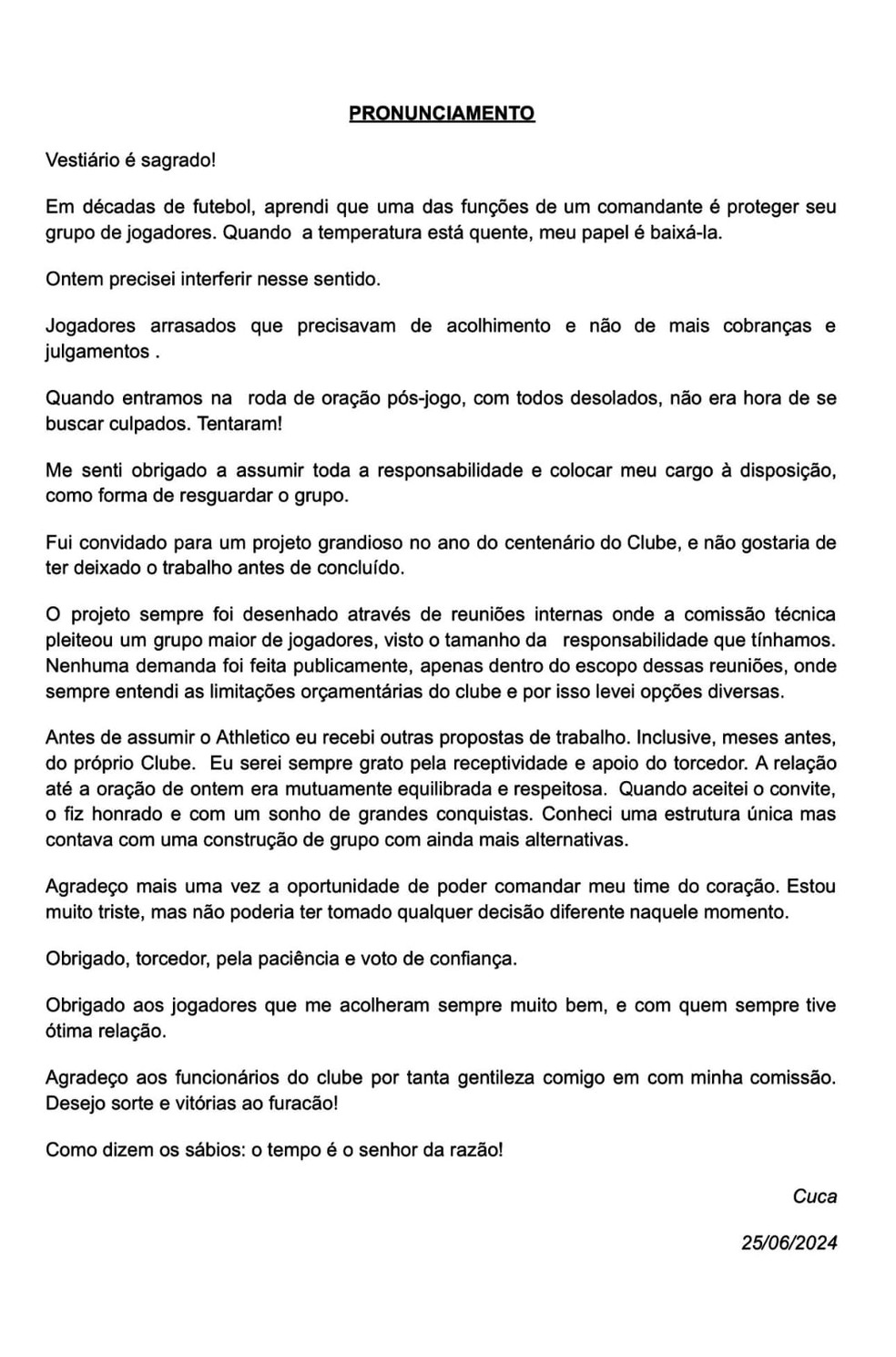 Cuca divulgou uma nota sobre a sua saída do Athletico-PR — Foto: Reprodução