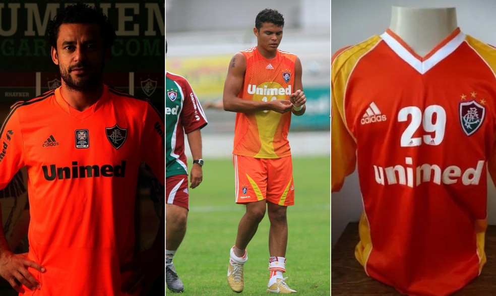 Fluminense já lançou diversas camisas na cor laranja — Foto: Divulgação/Fluminense, Ivo Gonzalez/Agência O Globo e Reprodução