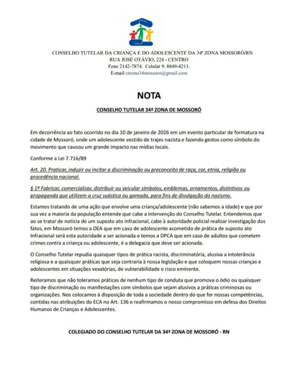 A nota do Conselho Tutelar da Criança e do Adolescente da 34ª Zona, em Mossoró, sobre o caso do menor de idade — Foto: Reprodução / Instagram
