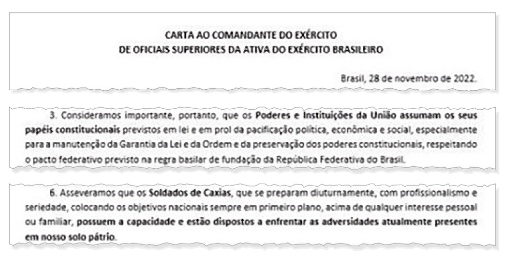 Carta para pressionar a cúpula do Exército — Foto: Reprodução