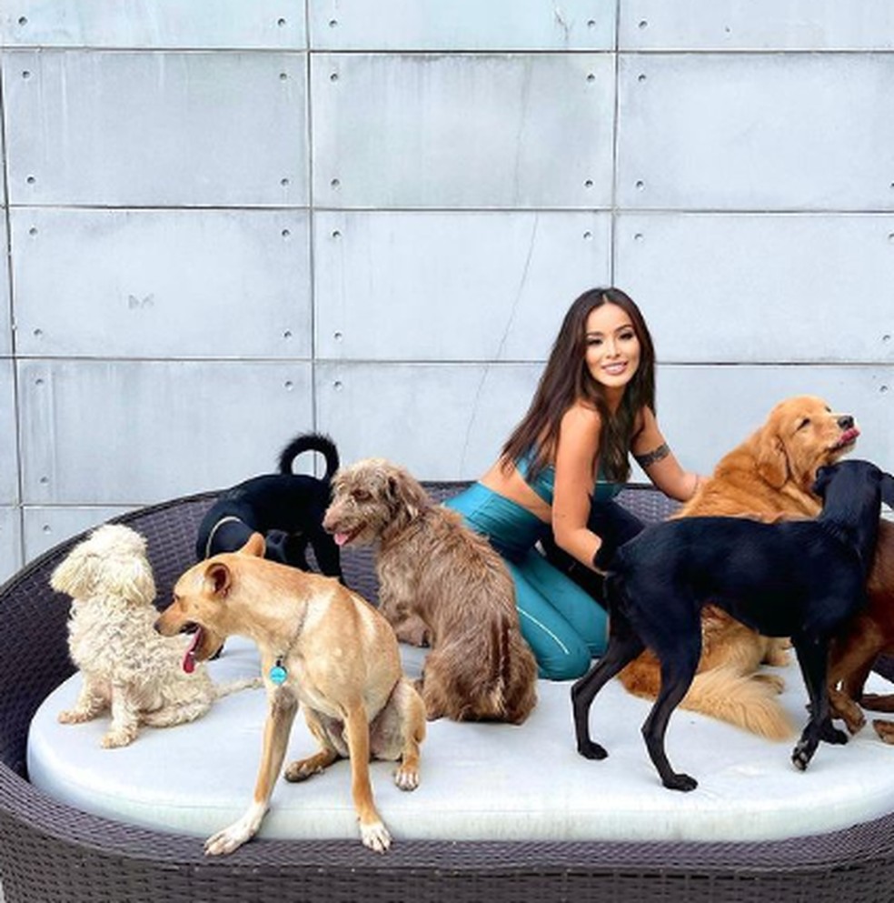 A atriz Carol Nakamura com seu cachorros — Foto: Reprodução