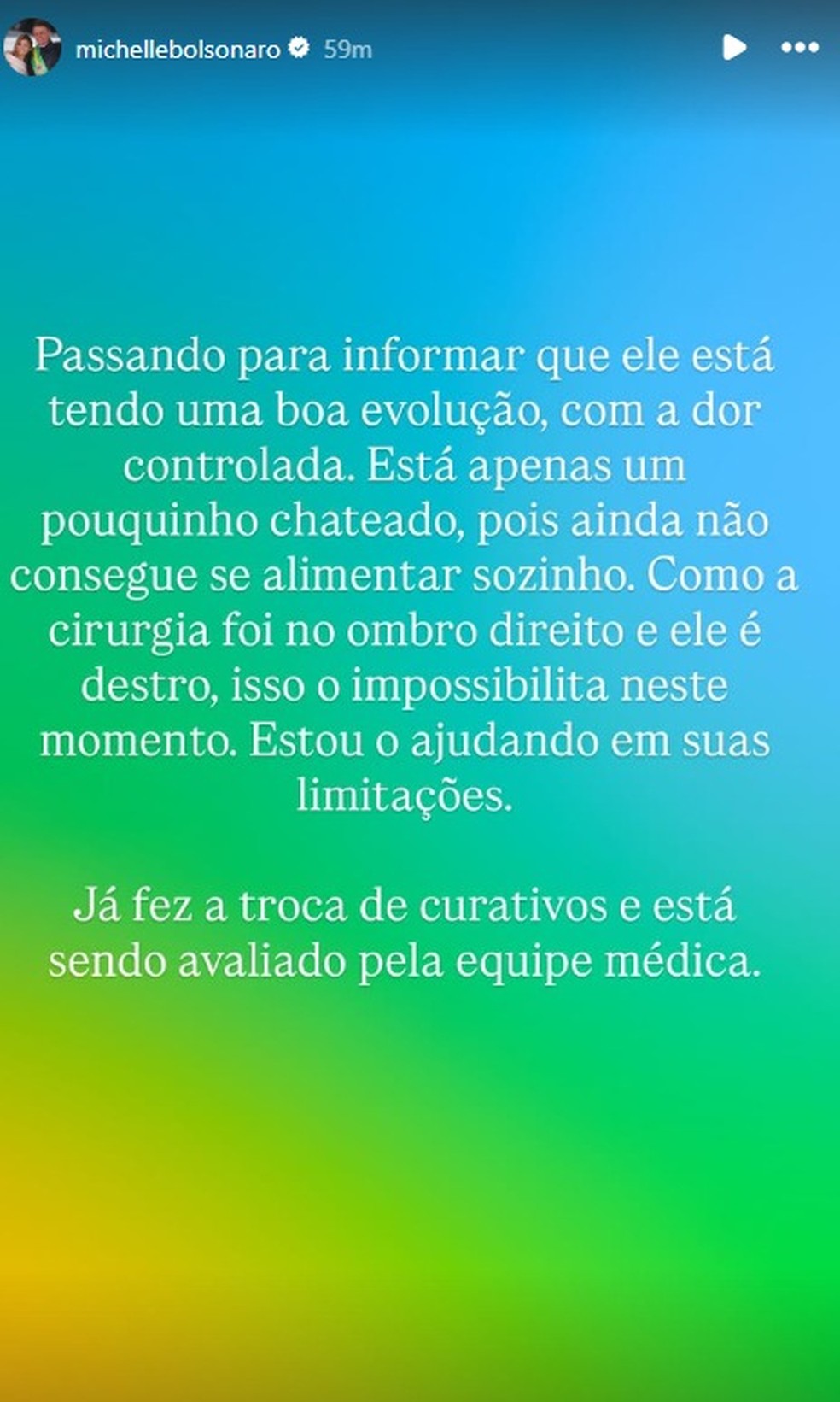 Michelle Bolsonaro atualiza sobre estado de saúde de Bolsonaro neste domingo (03/05) — Foto: Reprodução