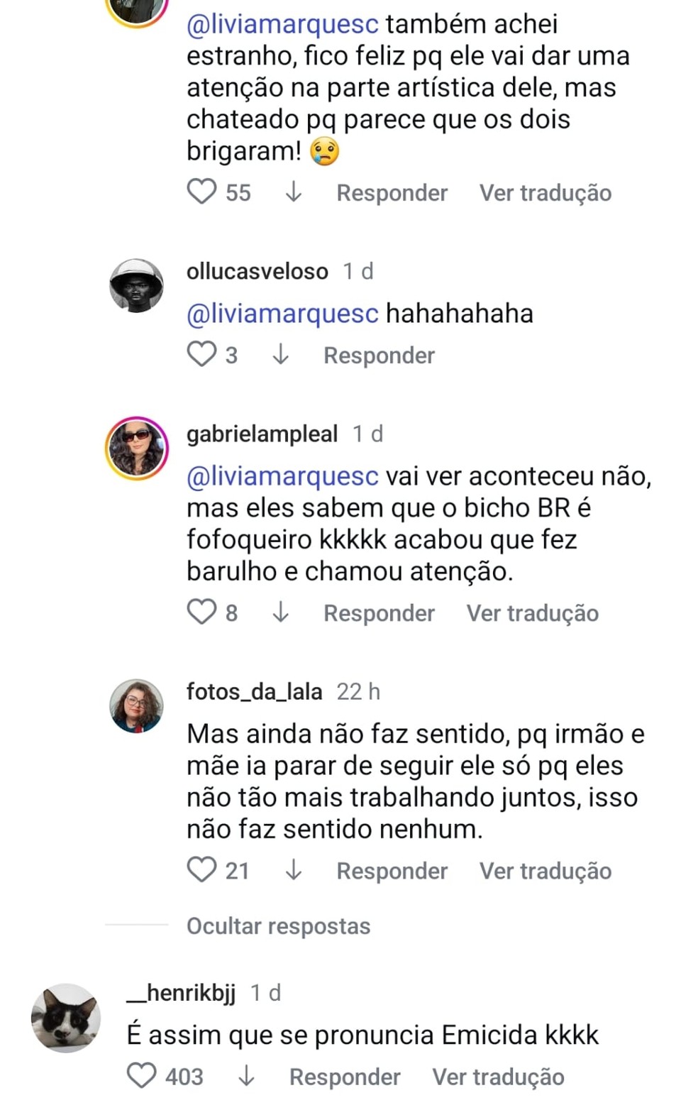 Comentários de fãs no perfil de Fióti — Foto: Reprodução/redes sociais