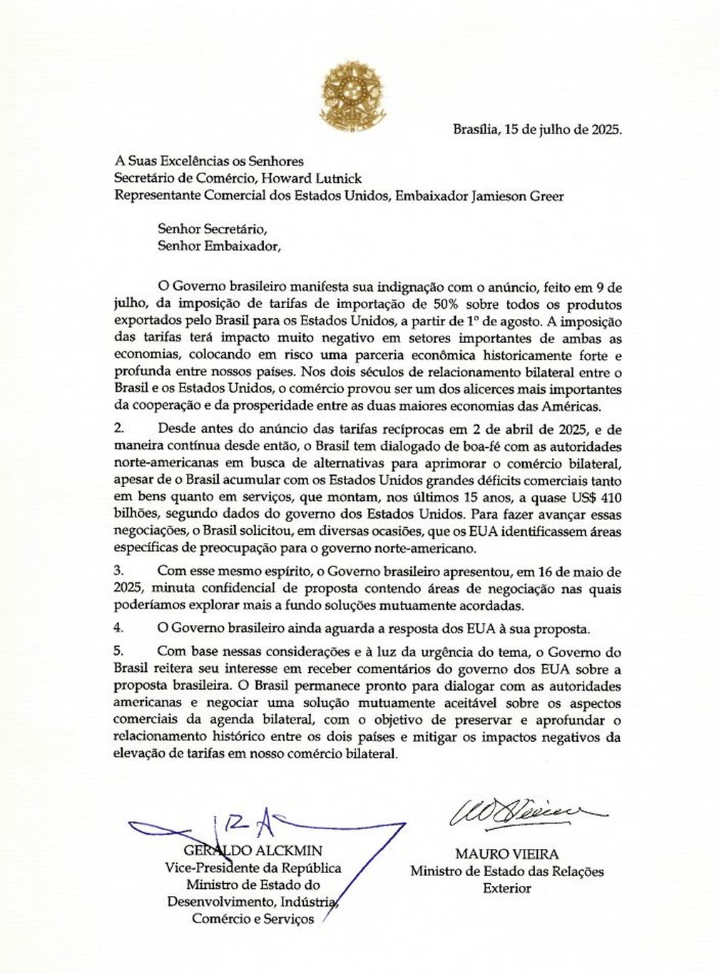 Carta enviada por Alckmin e Mauro Vieira aos Estados Unidos — Foto: Reprodução