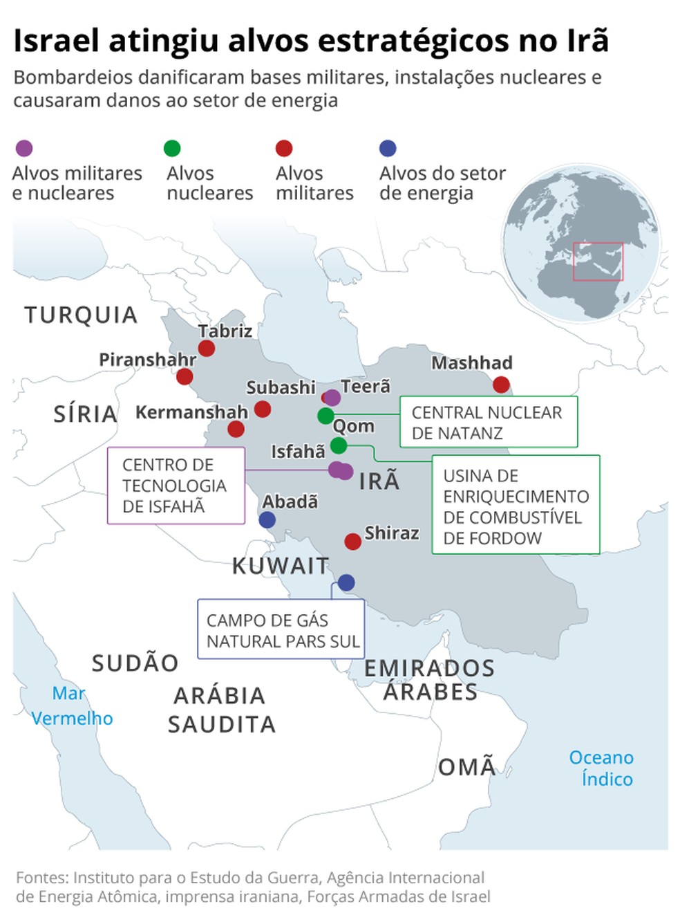 Mapa de locais atingidos por ataques israelenses no Irã — Foto: Editoria de Arte
