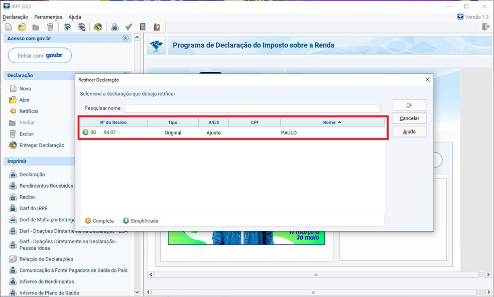 Delcaração retificadora, passo três — Foto: Reprodução / IRPF 2025