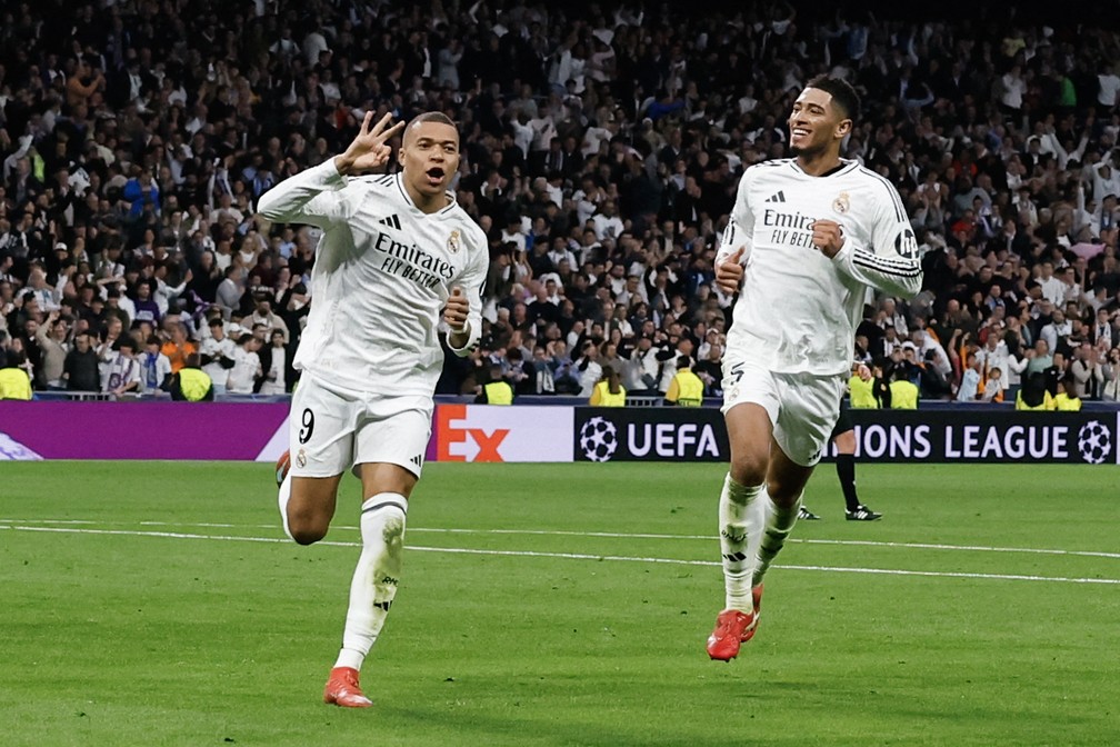 Hat-trick de Mbappé em Real Madrid x Manchester City na Liga dos Campeões — Foto: OSCAR DEL POZO / AFP
