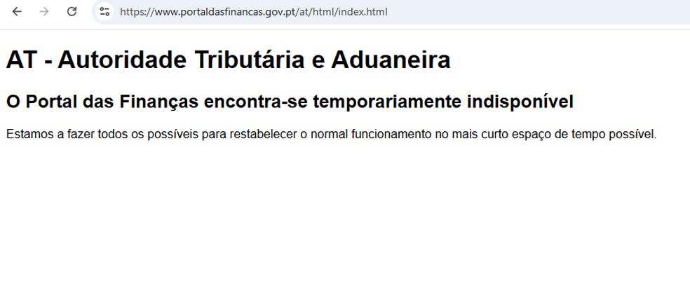 Site das Finanças inacessível — Foto: Reprodução