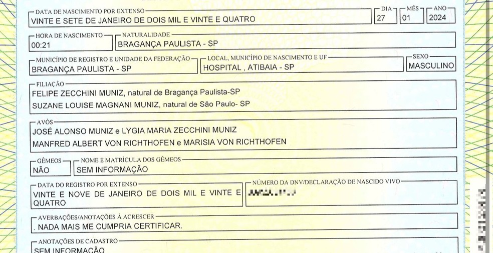 Parte da certidão de nascimento do filho de Suzane e Felipe — Foto: Reprodução