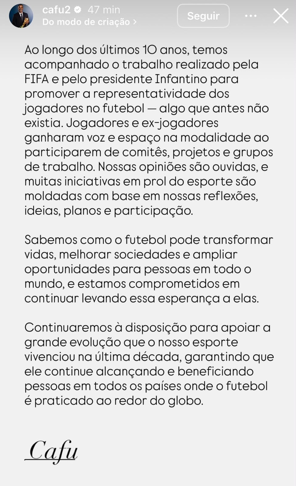 Cafu defende Gianni Infantino, presidente da Fifa — Foto: Divulgação