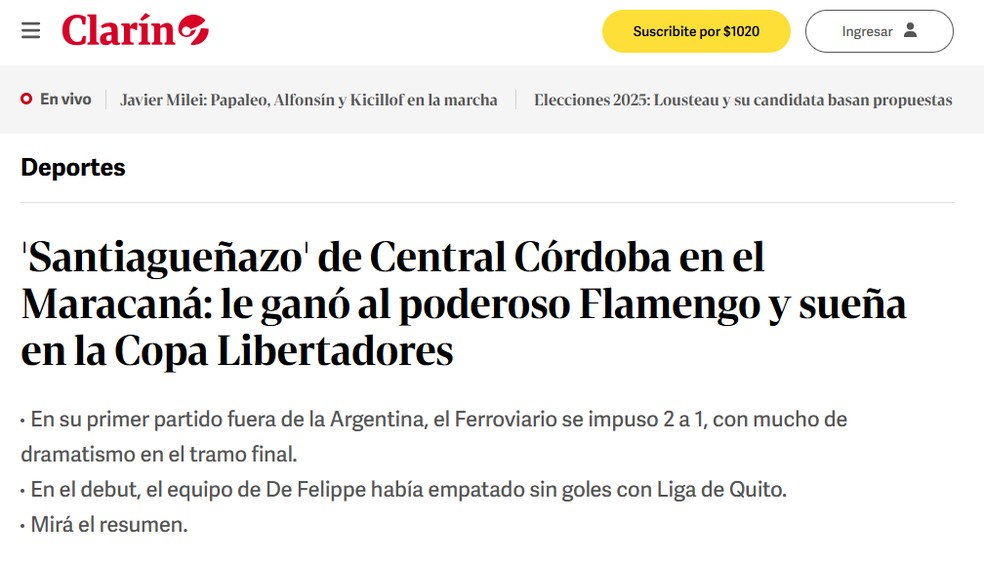 Clarín repercute vitória do Central Córdoba sobre o Flamengo — Foto: Reprodução