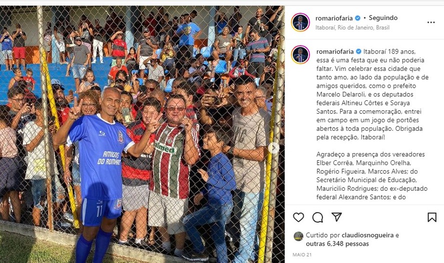 Romário compartilha fotos dos jogos de futebol dos quais participa no interior
