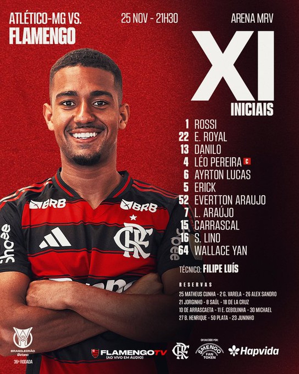 Escalação do Flamengo para enfrentar o Atlético-MG — Foto: Reprodução