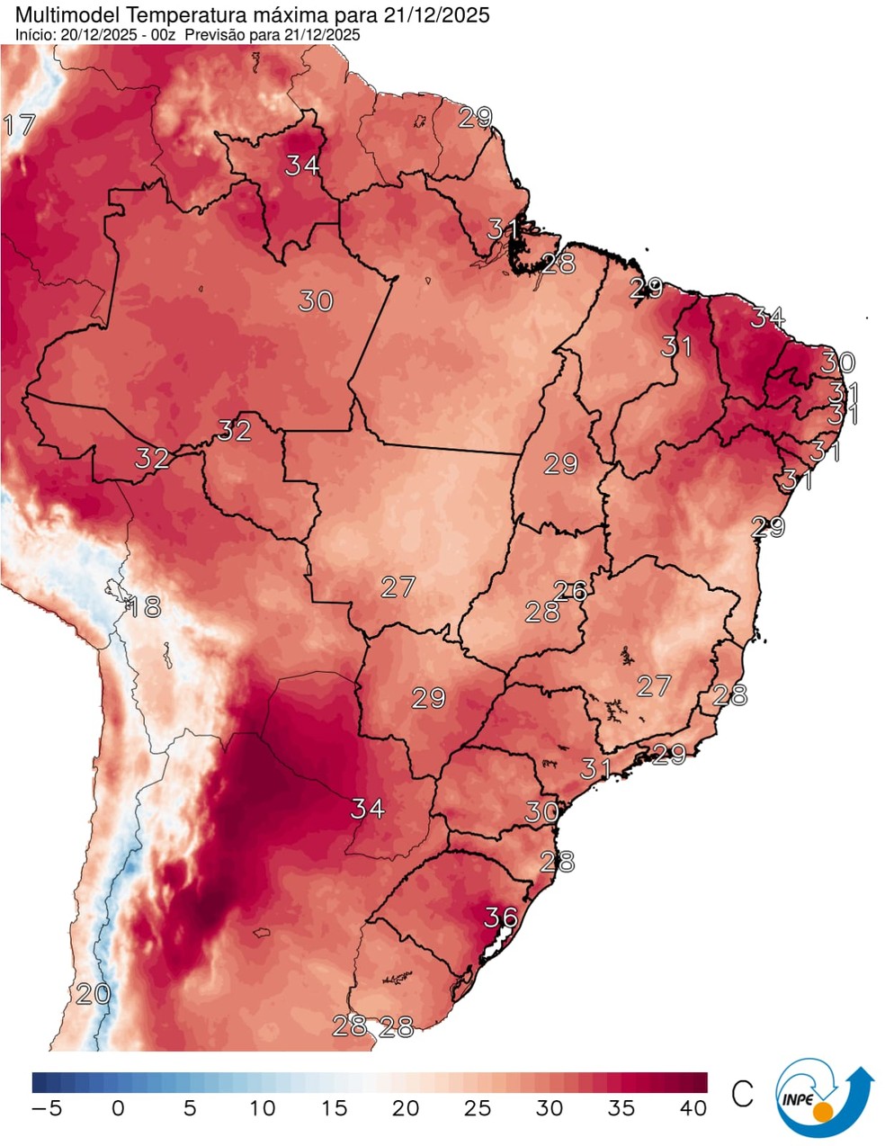 Maximum temperatures in Brazil on Sunday December 21 — Photo: Inpe