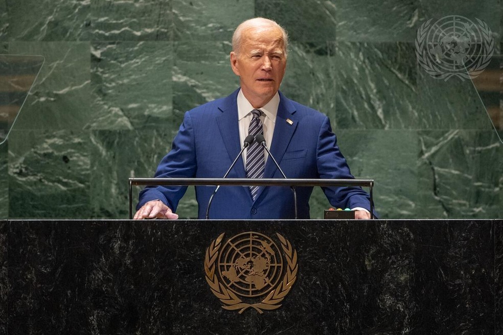 O presidente dos Estados Unidos, Joe Biden, discursa na Assembleia-Geral da ONU, nesta terça-feira — Foto: UN Photo/Cia Pak