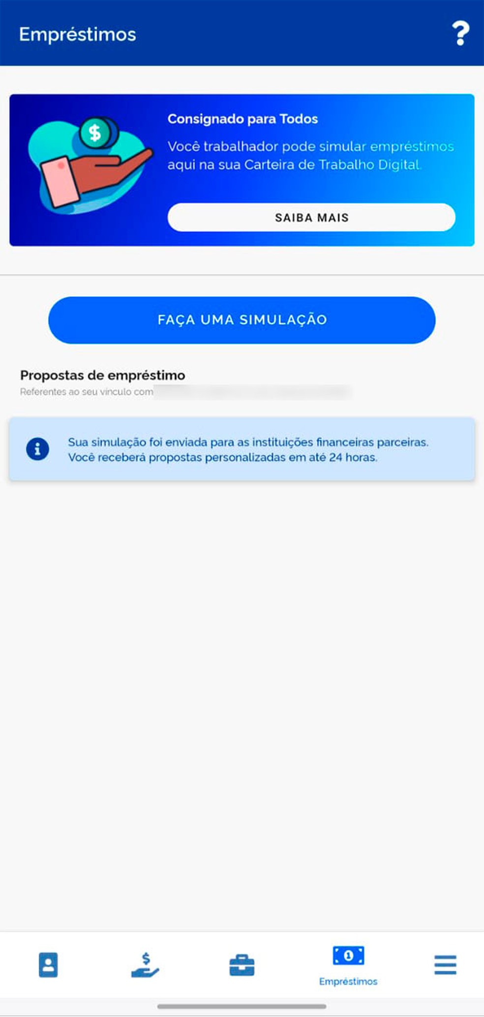 Crédito do trabalhador consignado CLT passo a passo tela 3 pedido de simulação — Foto: Reprodução