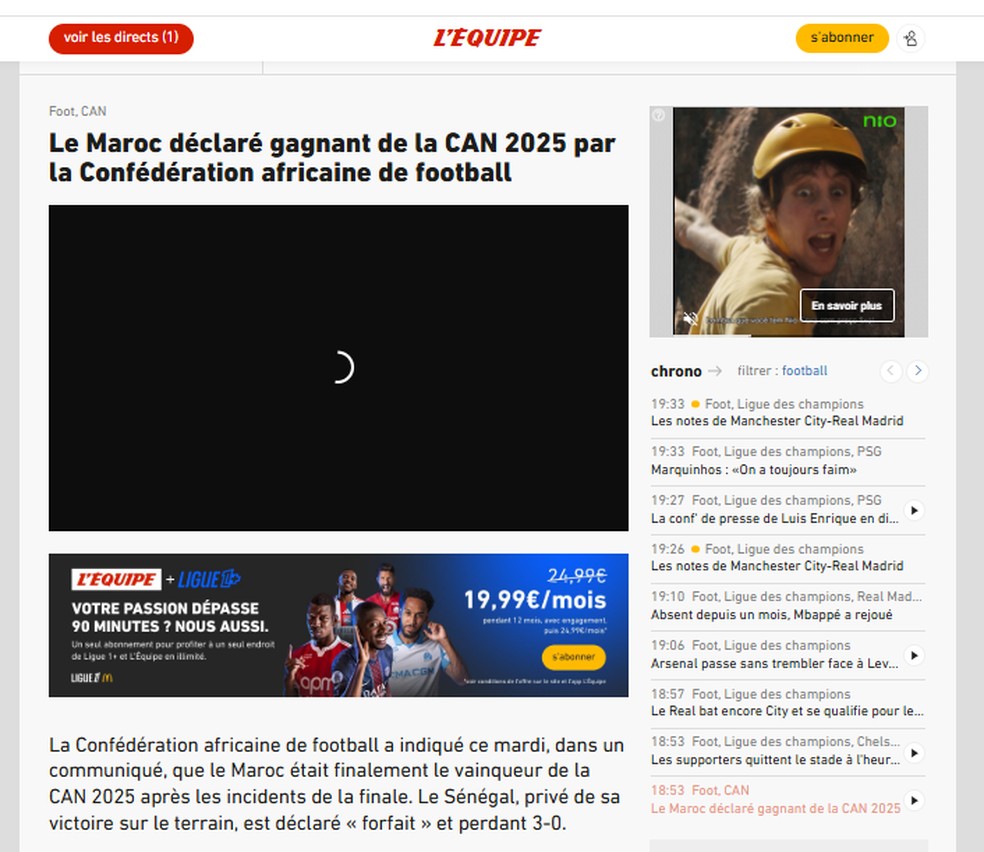 Jornal francês L'Équipe também repercute decisão — Foto: Captura de tela