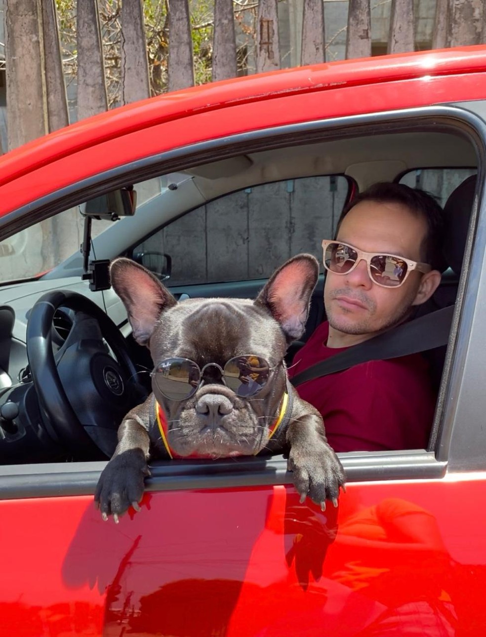 Public employee Ariano Silva gained fame for his work as an app driver with his French bulldog Bruce on the streets of Teresina - Photo: Personal archive