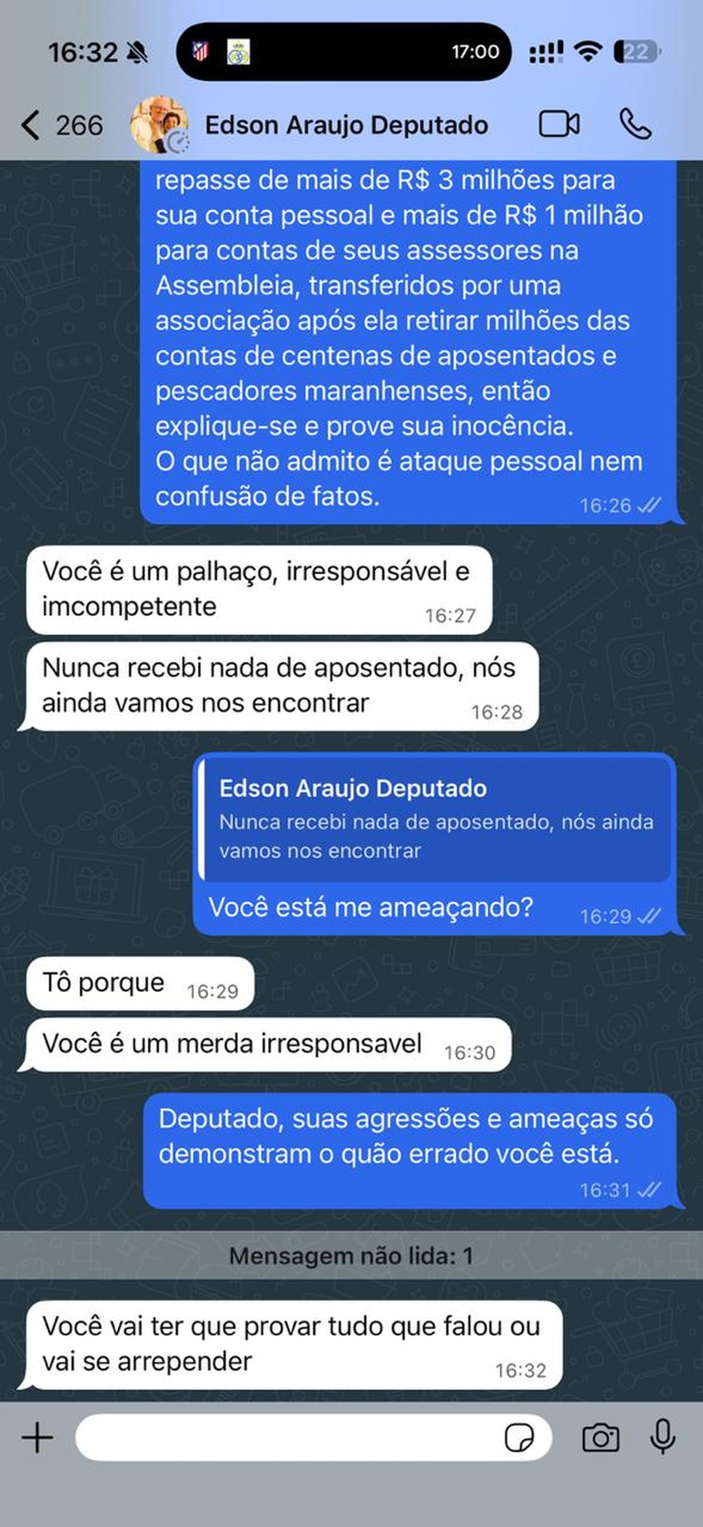 Troca de mensagens entre vice da CPI do INSS e deputado estadual — Foto: Reprodução