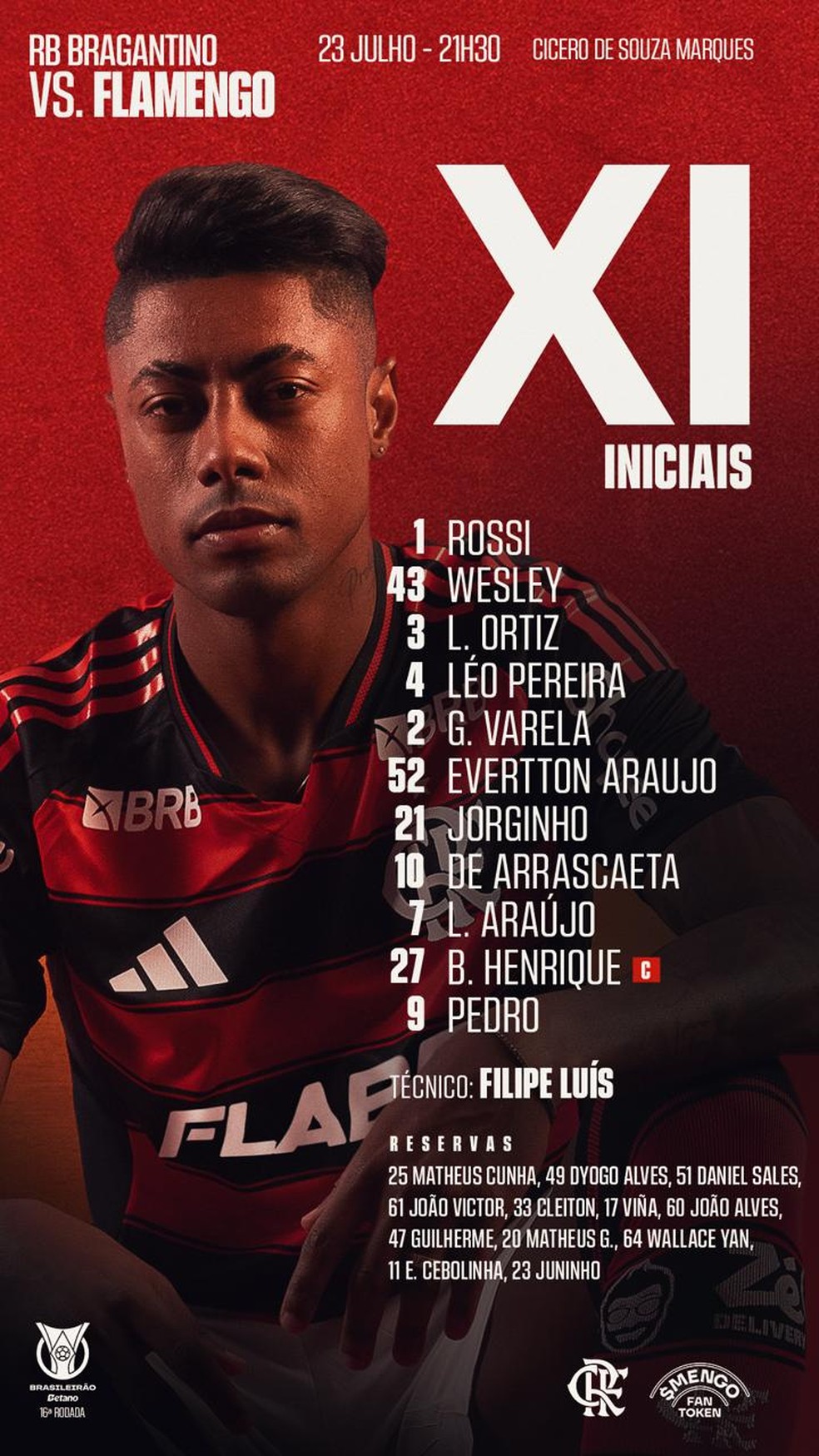 Pedro é escalado como titular do Flamengo diante do Bragantino — Foto: Divulgação