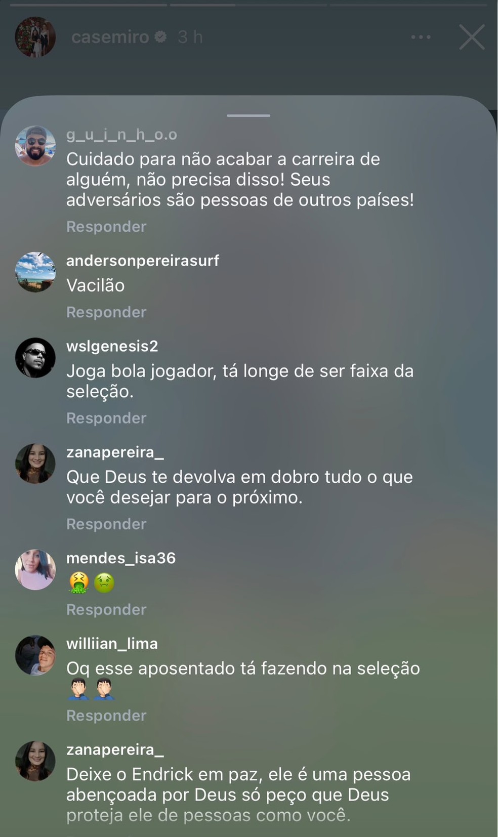 Torcedores criticam Casemiro em comentários no story — Foto: Reprodução