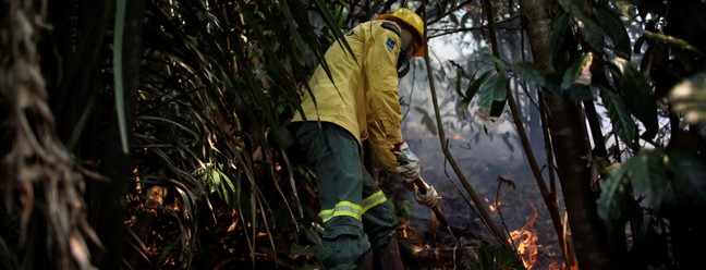 Membro da brigada de incêndio do Instituto Brasileiro do Meio Ambiente e dos Recursos Naturais Renováveis (Ibama) tenta controlar um incêndio em uma área da floresta amazônica, em Apuí, no AmazonasREUTERS