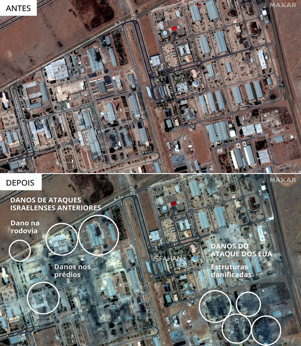 Imagem de satélite mostra a área de Isfahan, antes e depois dos ataques dos EUA — Foto: AFP PHOTO/ SATELLITE IMAGE ©2025 MAXAR TECHNOLOGIES