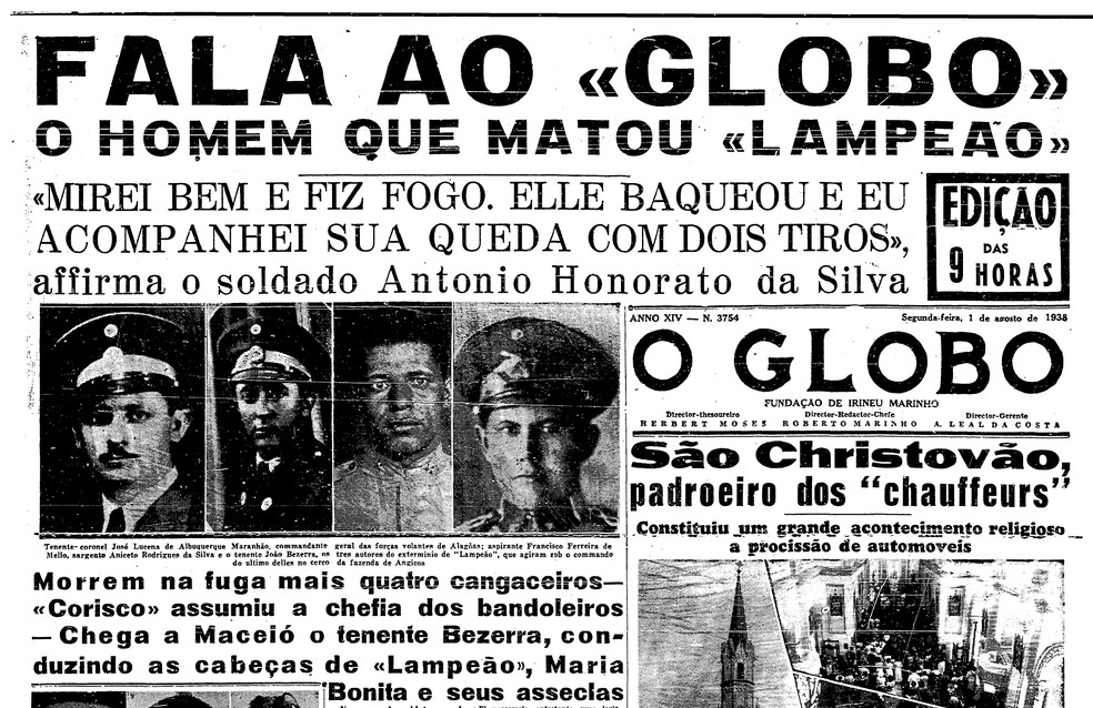 Edição do GLOBO de 1º de agosto de 1938, logo após a morte de Lampião, destaca uma entrevista com suposto matador do cangaceiro — Foto: Reprodução