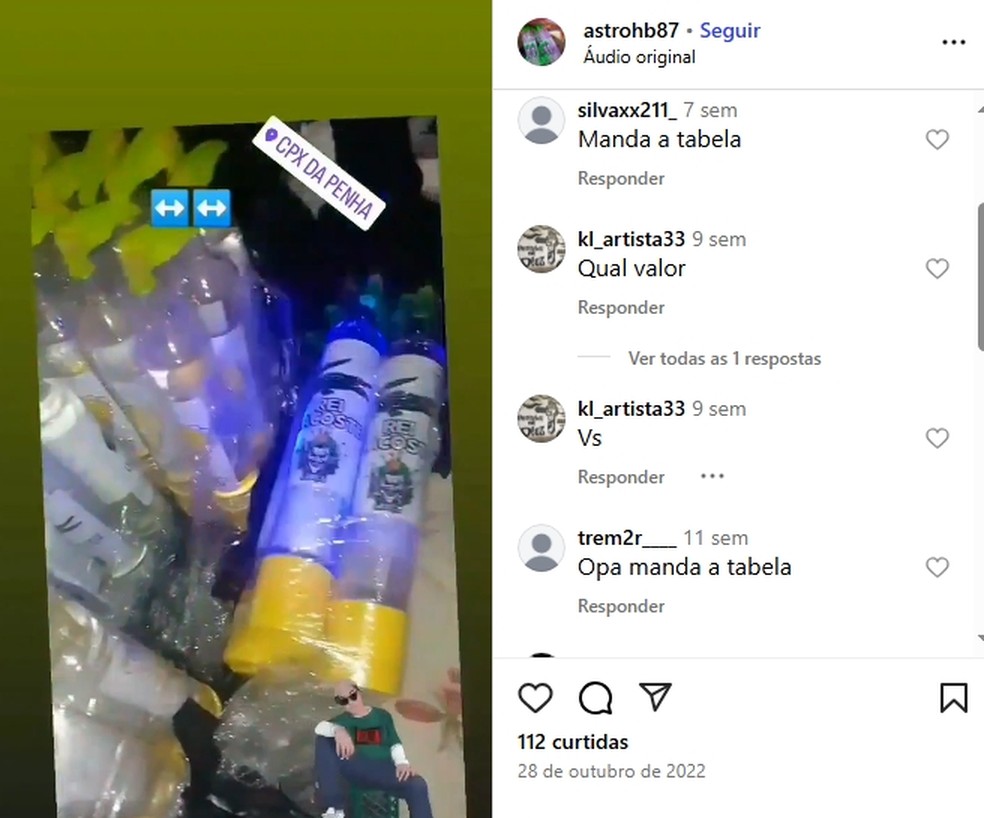 Uma página no Instagram, com localização marcada na Penha, na Zona Norte do Rio, divulga lança-perfume — Foto: Reprodução