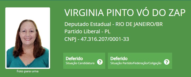Virginia da Conceição Pinto Brandão se candidatou nas eleições de 2010 e 2014, mas não teve sucesso. Neste ano, na sua terceira tentativa, ela resolveu incluir o "Vó do Zap" no nome para atrair apoiadores. — Foto: Reprodução