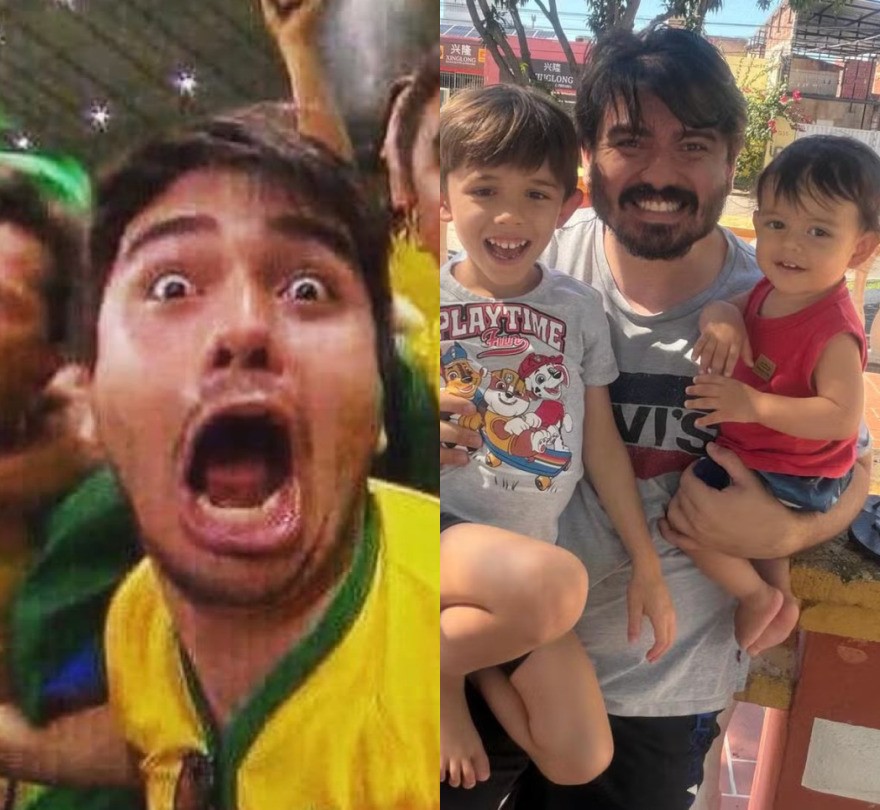 Fernan Irber virou meme na Copa de 2014. Atualmente, ele é casado e tem dois filhos — Foto: Reprodução e Arquivo pessoal