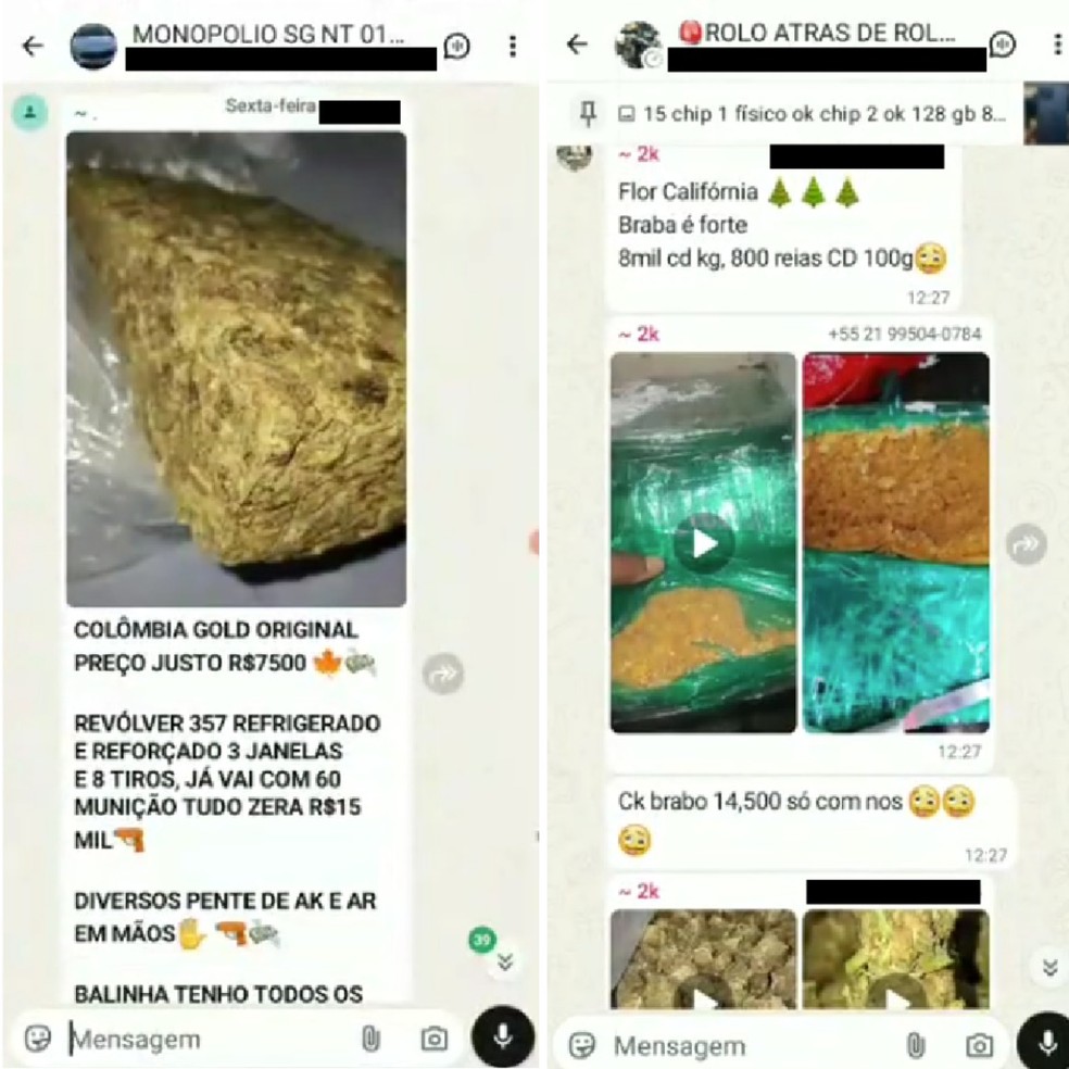 Os anúncios de drogas nos grupos de WhatsApp focam principalmente em entorpecentes derivados da cannabis, cocaína, drogas sintéticas e lança-perfume — Foto: Reprodução