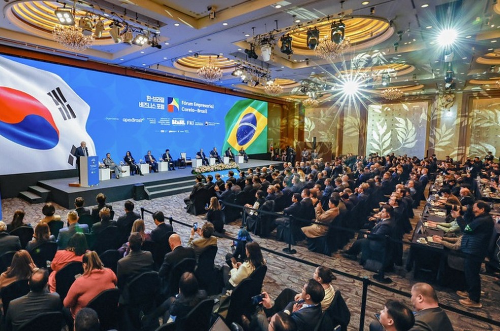Presidente da República, Luiz Inácio Lula da Silva, discursa durante a sessão de encerramento do Encontro Empresarial Brasil-Coreia do Sul. em Seul — Foto: Ricardo Stuckert/Presidência da República/Divulgação