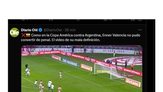 Valencia volta a perder pênalti, e jornal argentino relembra erro na Copa América Valencia volta a perder pênalti, e jornal argentino relembra erro na Copa América